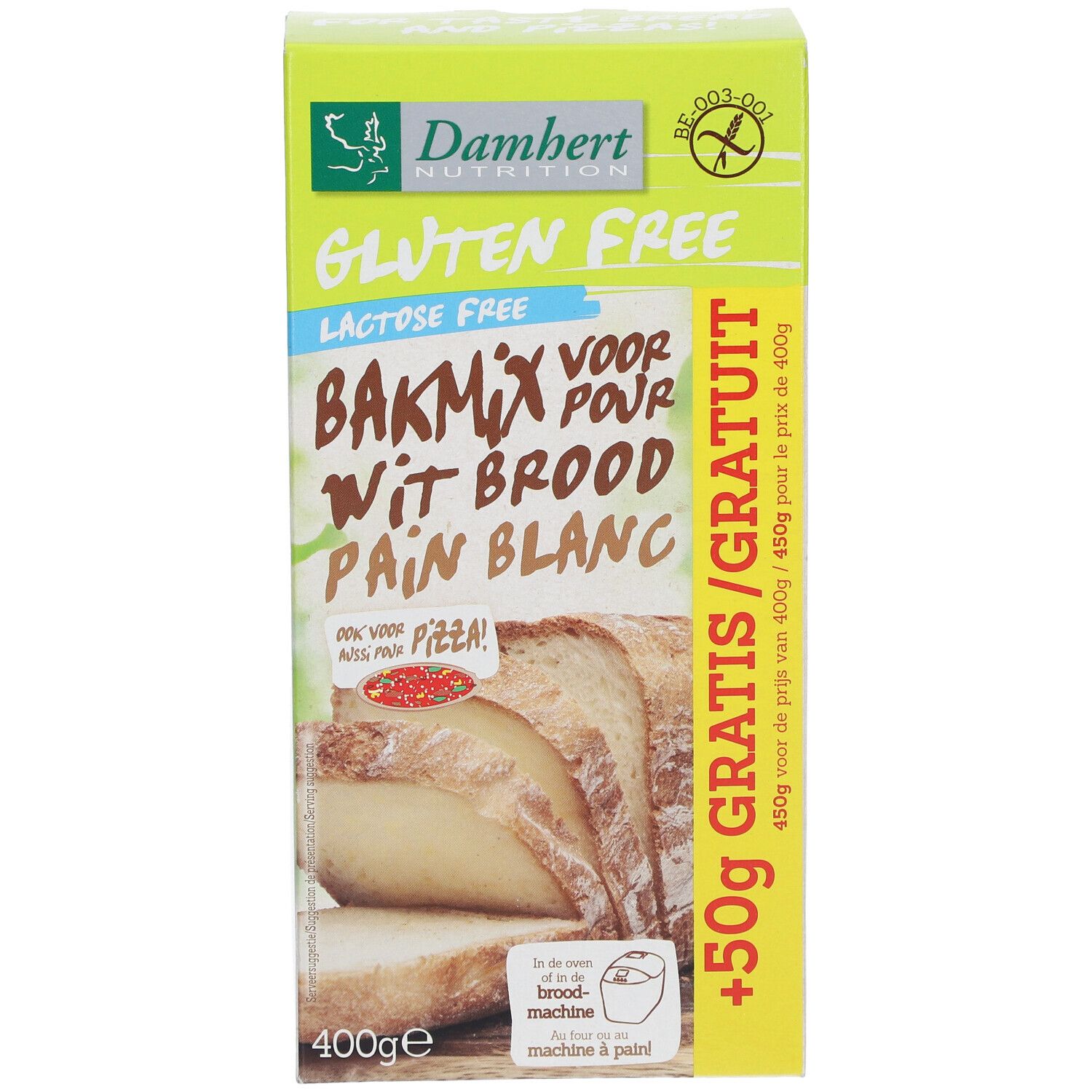 Verpackung Damhert Glutenfrei Weißbrotmischung Laktosefrei. Vorderseite mit Brot, Text und Logo. 400g.