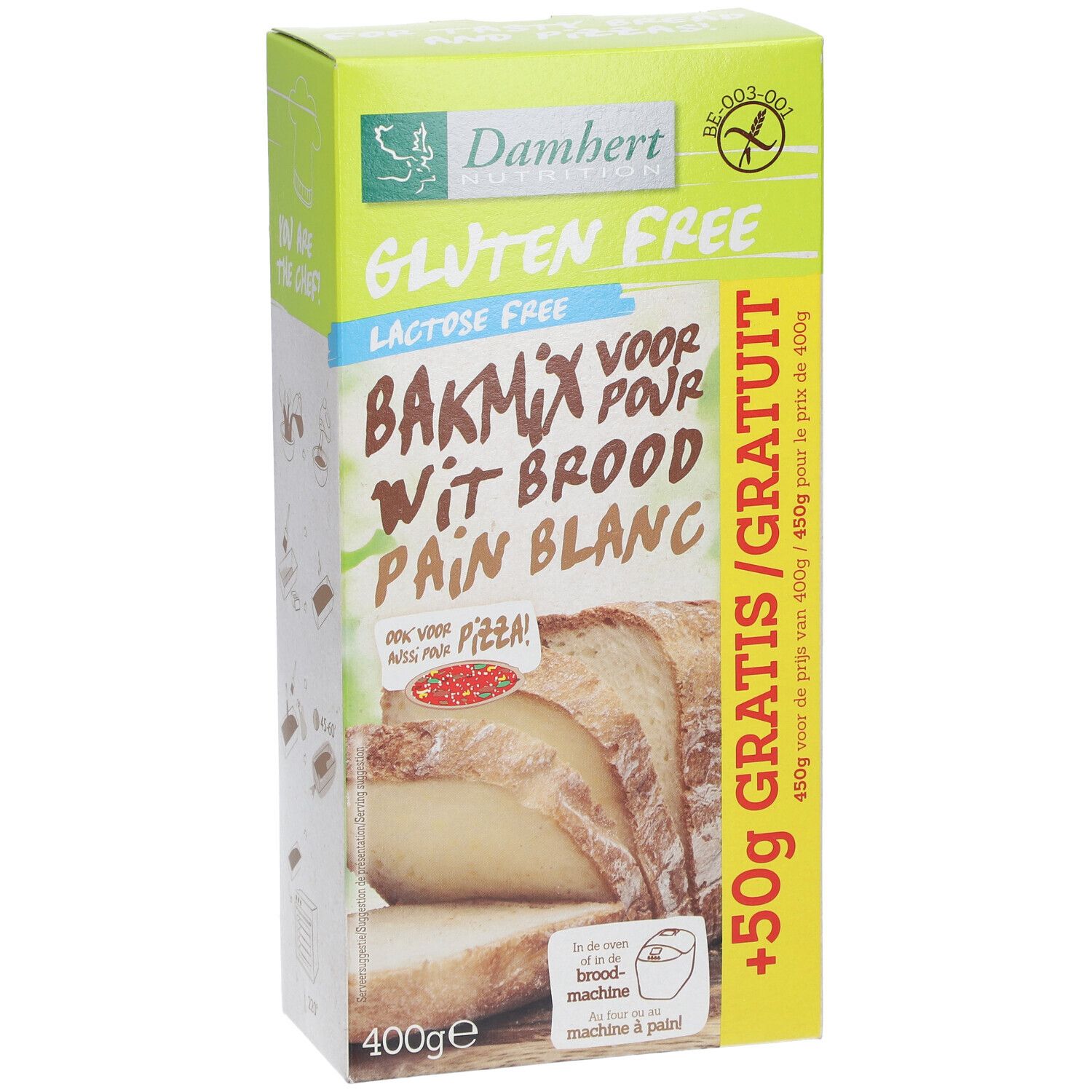 Verpackung Damhert Glutenfrei Weißbrotmischung Laktosefrei. Vorderseite mit Brot, Text und Logo. 400g.