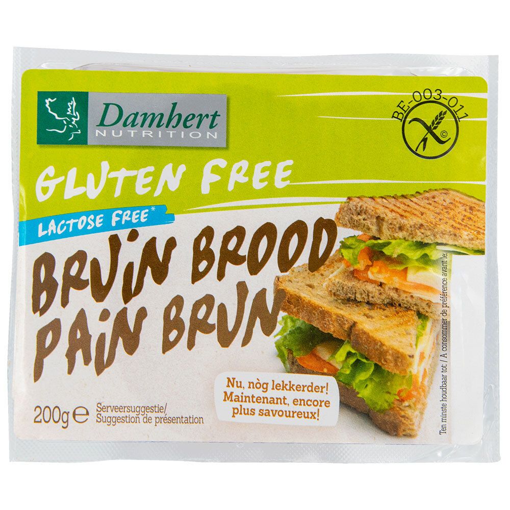 Verpackung mit Damhert Graubrot. Glutenfrei und laktosefrei. Aufdruck: Bruin Brood/Pain Brun. Abbildung eines belegten Brotes.