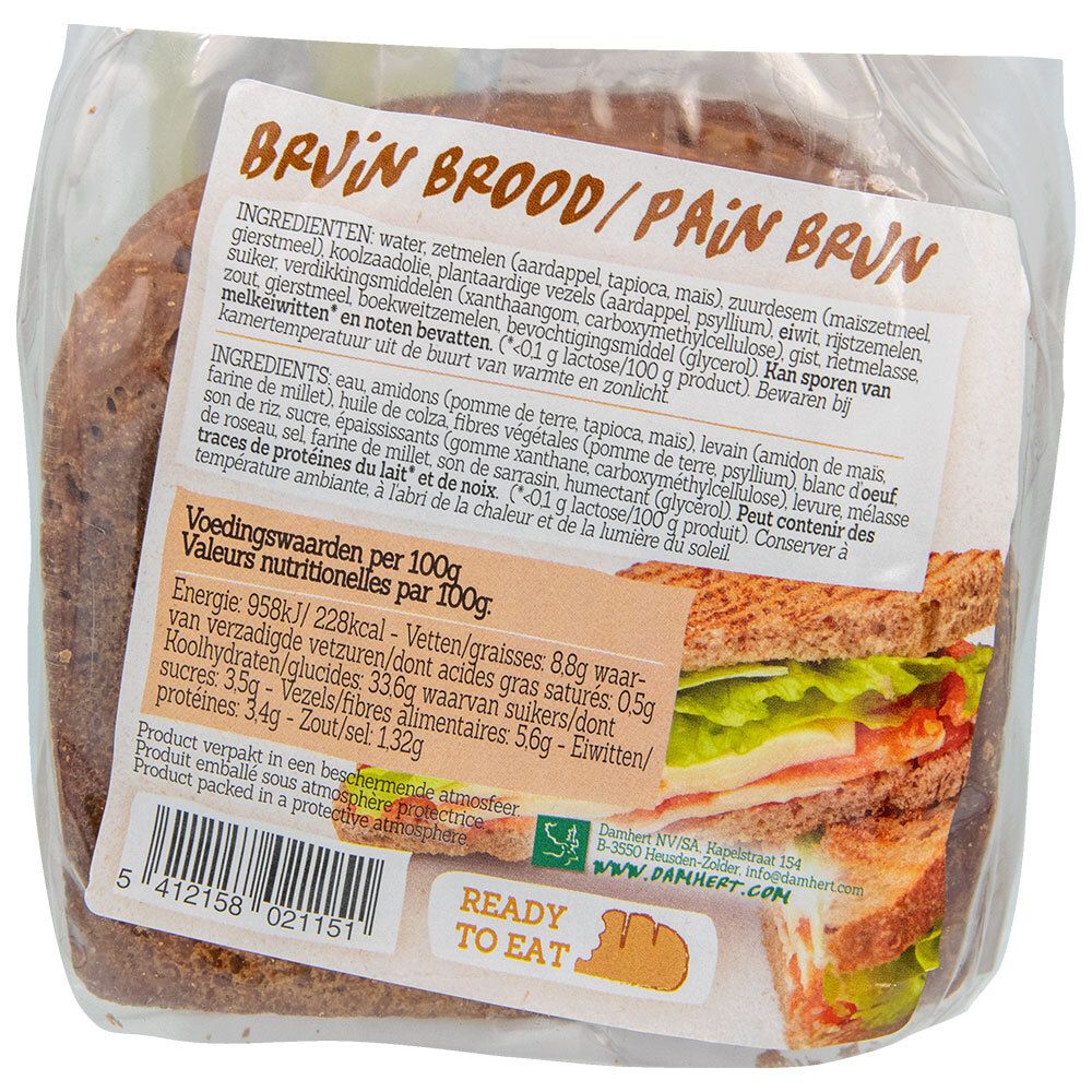 Verpacktes Damhert Graubrot. Aufdruck mit Nährwertangaben und Zutaten. Aufkleber: Ready to eat. Abbildung eines belegten Brotes.