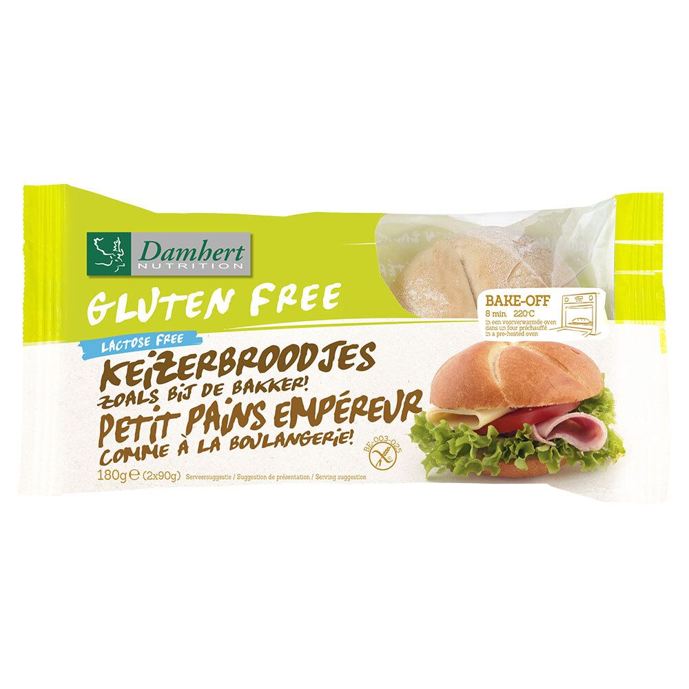 Verpackung mit glutenfreien Brötchen. Aufschrift: Gluten Free, Lactose Free. Abbildung eines belegten Brötchens.
