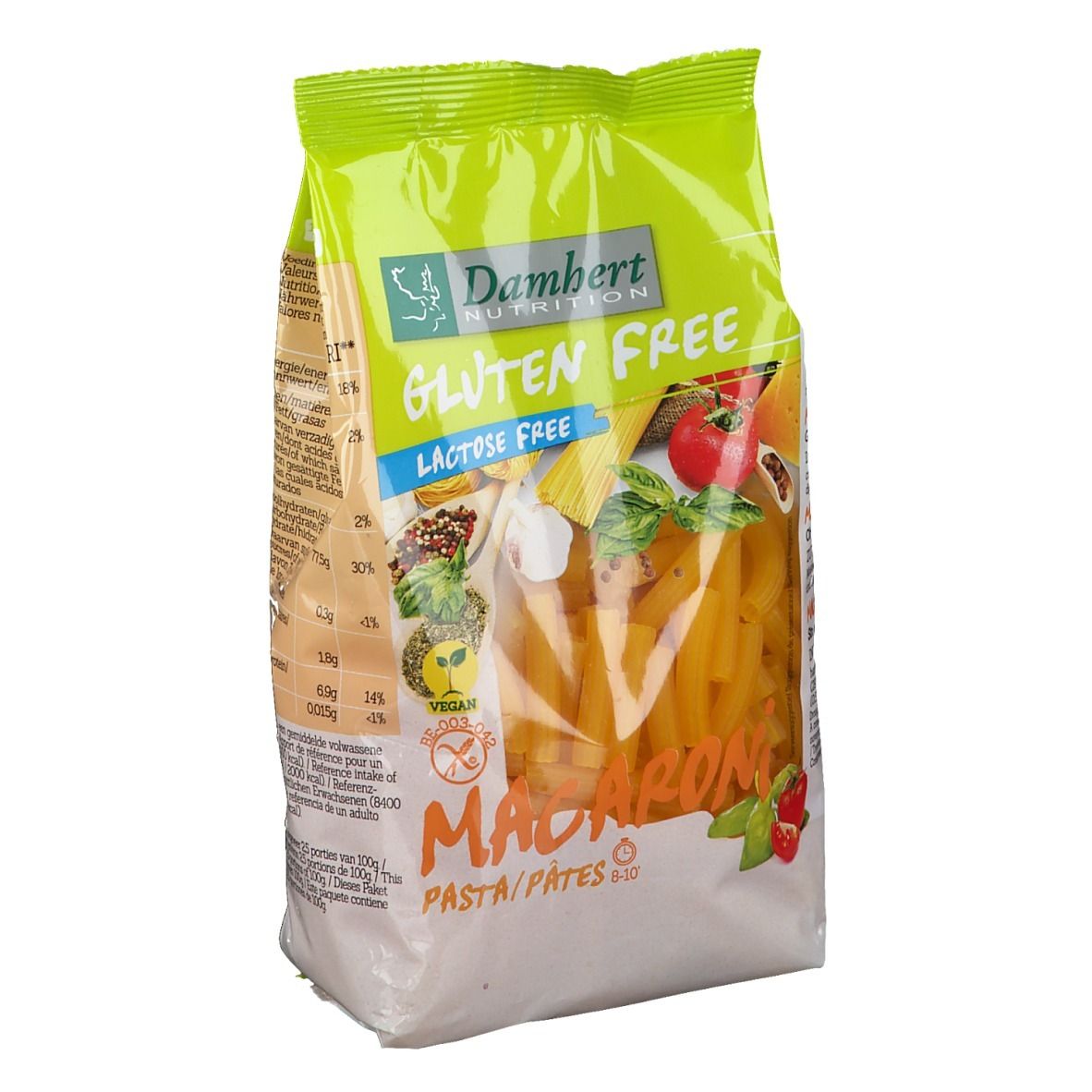 Verpackung mit glutenfreien Makkaroni. Grün-weiße Verpackung mit Produktnamen und Logo. Sichtbare Makkaroni durch transparentes Fenster.