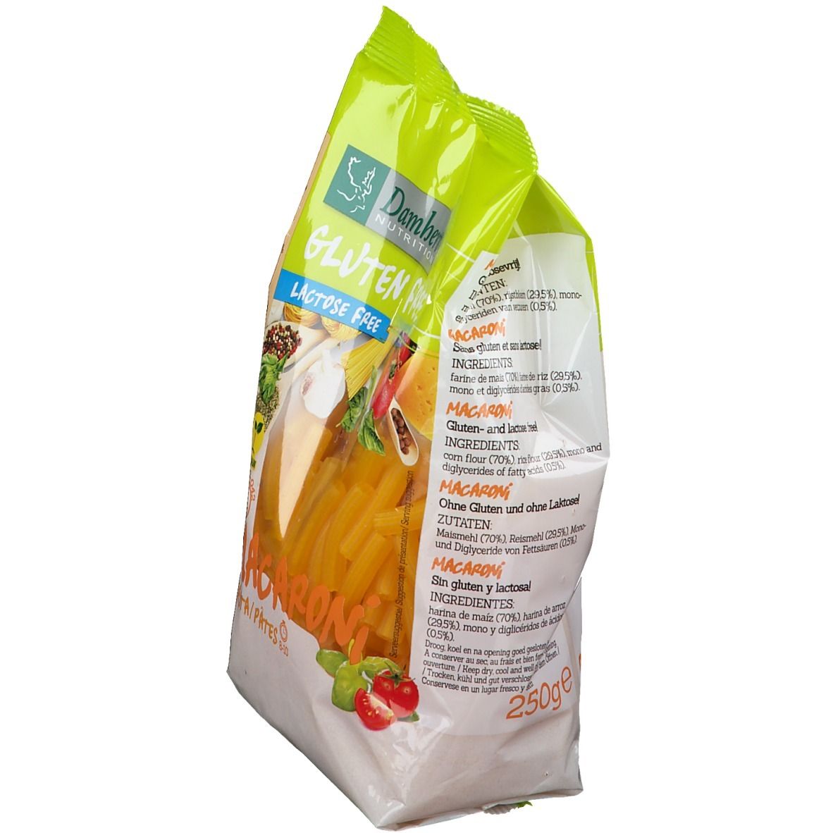 Verpackung mit glutenfreien Makkaroni. Rückseite mit Zutatenliste und Nährwertangaben. 250g Packung.