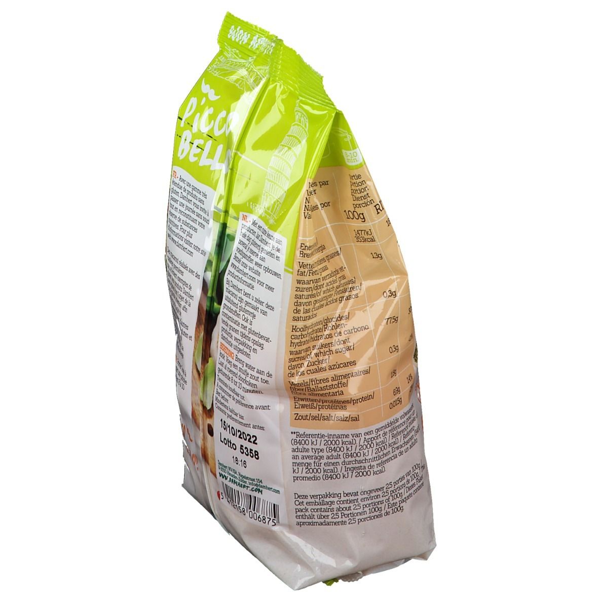 Verpackung mit glutenfreien Makkaroni. Seitenansicht mit Nährwertangaben und Mindesthaltbarkeitsdatum. Grün-weiße Verpackung.