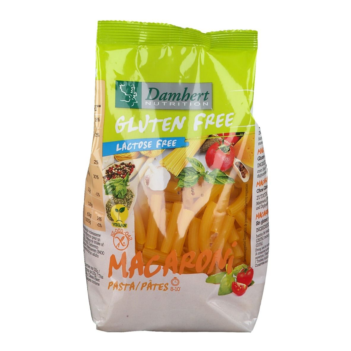 Verpackung mit glutenfreien Makkaroni. Grün-weiße Verpackung mit Produktnamen und Logo. Sichtbare Makkaroni durch transparentes Fenster.