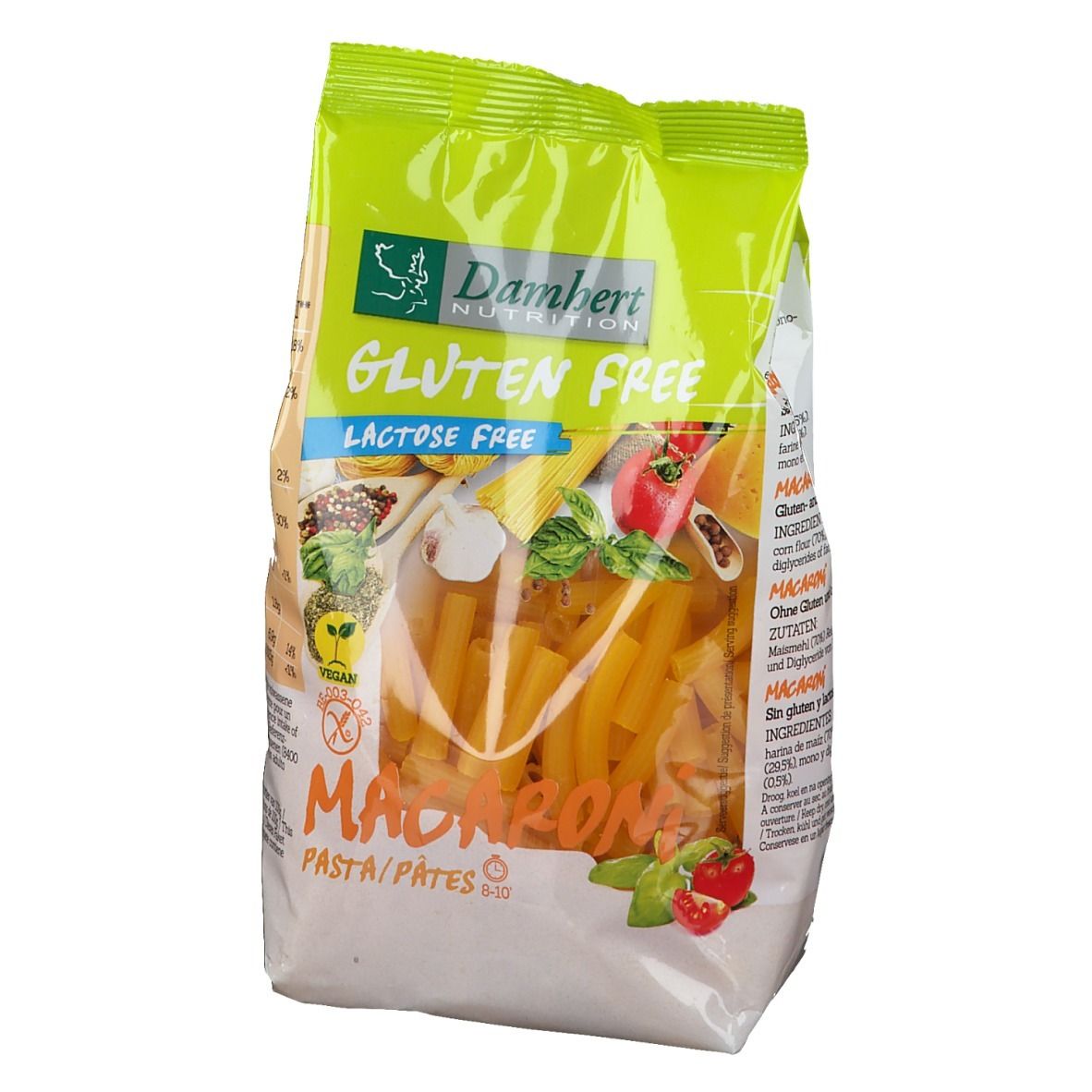 Verpackung mit glutenfreien Makkaroni. Grün-weiße Verpackung mit Produktnamen und Logo. Sichtbare Makkaroni durch transparentes Fenster.