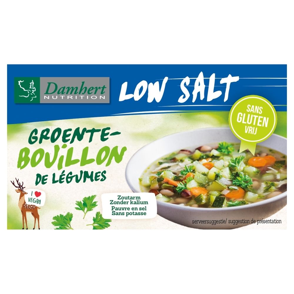 Gemüsebrühe-Packung mit "Low Salt" und "Sans Gluten" Aufschrift, veganes Symbol.