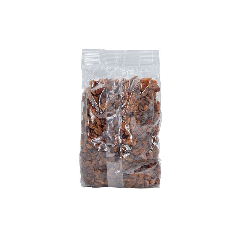 Rosinen in transparenter Verpackung. Sichtbar sind die getrockneten Trauben.