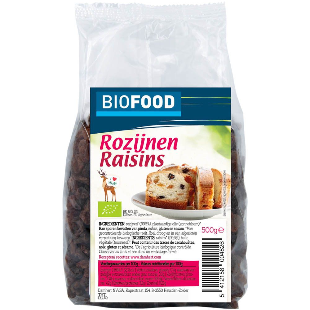 BIOFOOD Rosinen Bio in transparenter Verpackung. Aufkleber mit Produktinformationen und Bio-Siegel. 500g Inhalt.
