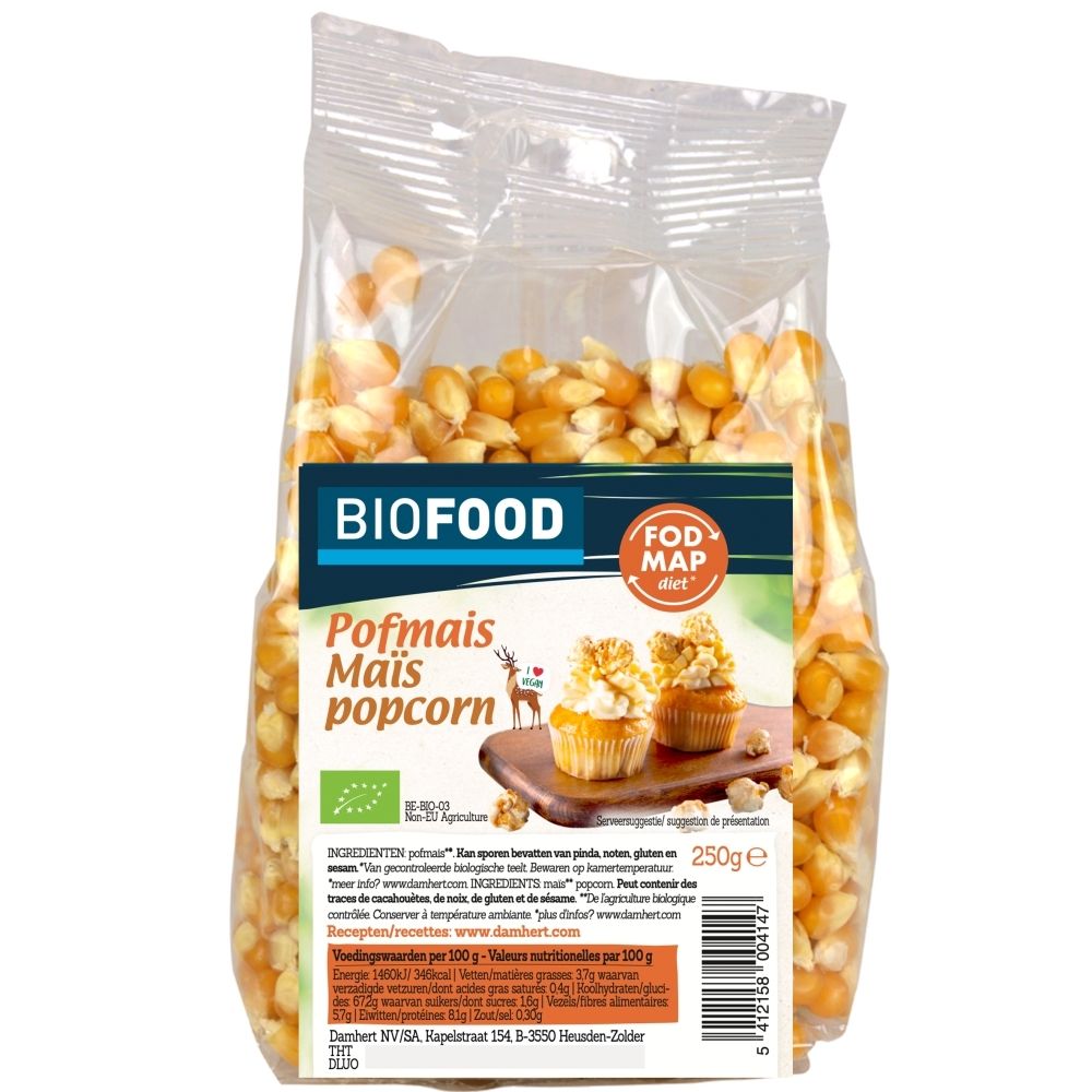 Biofood Popcornmais, roher Mais für Popcorn in einer Tüte.