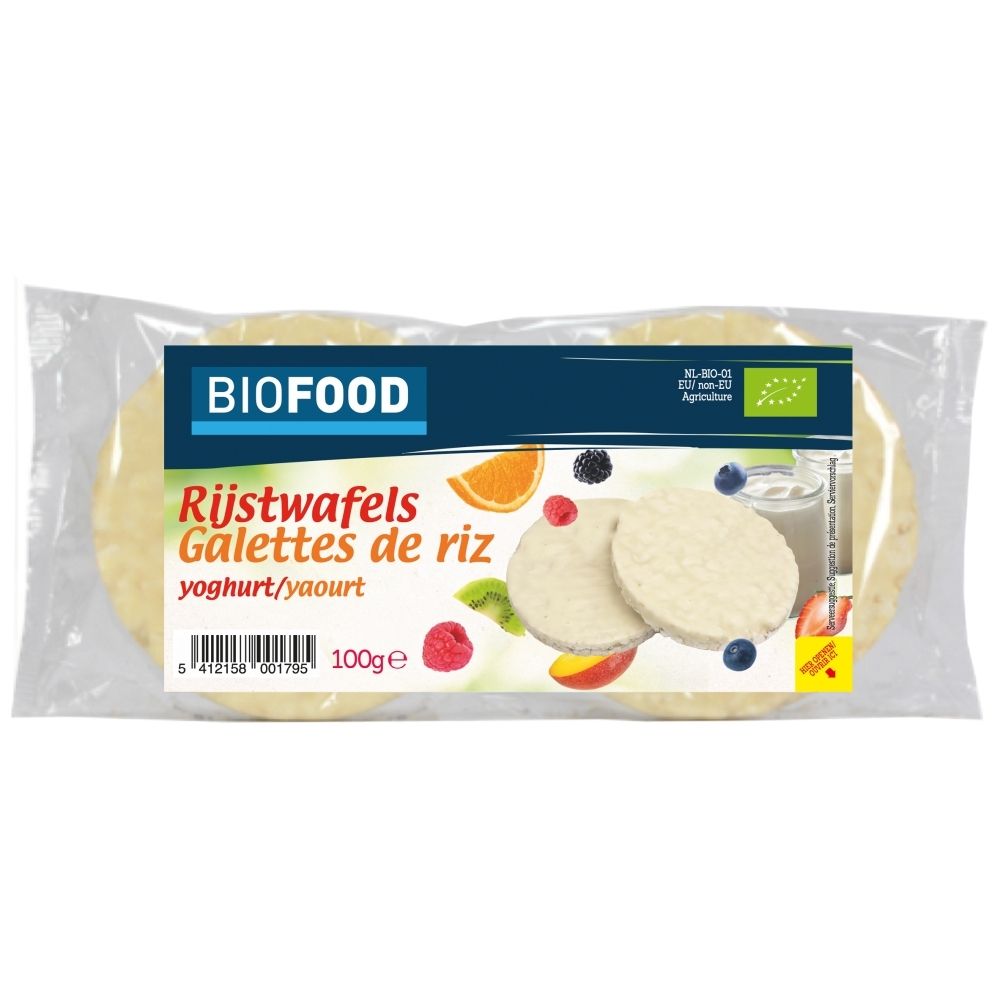 Biofood Rijstwafels, rijstwafels met yoghurt smaak in een verpakking met fruit.