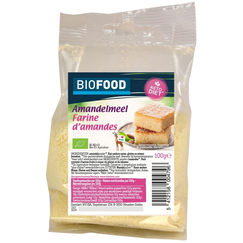 Biofood Mandelmehl Farine d'amandes, 100g Beutel, mit Keto-Diät-Logo.