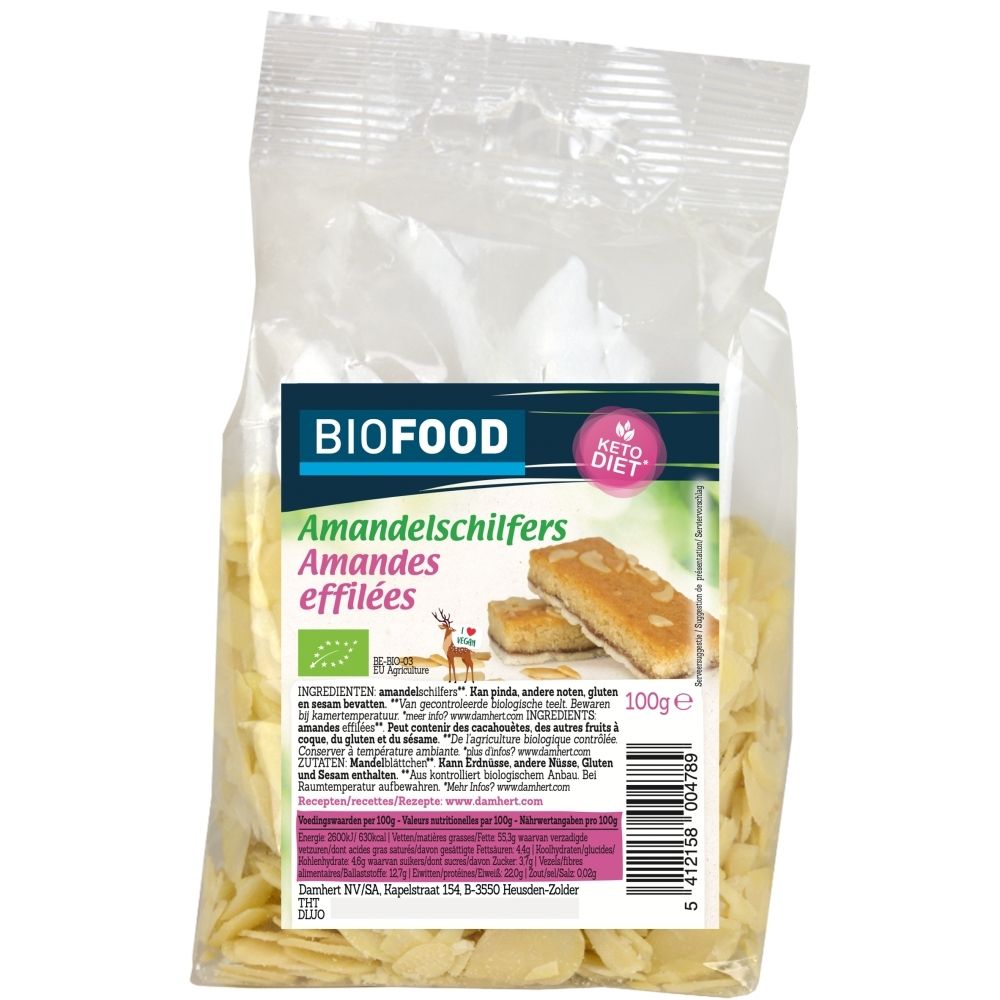 Bio-Mandelblättchen in einer transparenten Tüte, "Keto Diet" Symbol, 100g.
