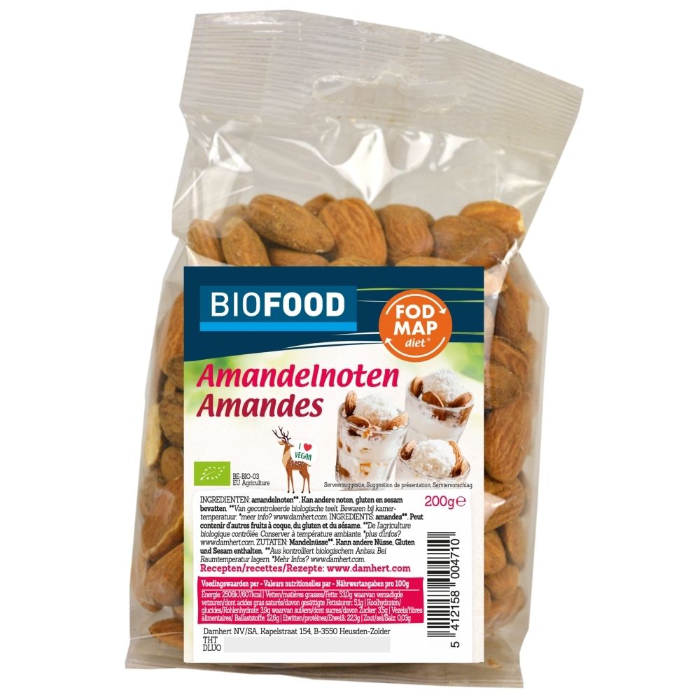 Bio-Mandeln in einer transparenten Tüte, "FODMAP" und "Keto Diet" Symbole, 200g.
