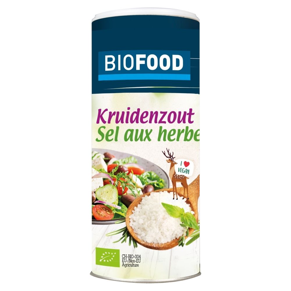 Kräutersalz-Dose mit Salat-Abbildung, "Bio" und "Vegan" Symbole.