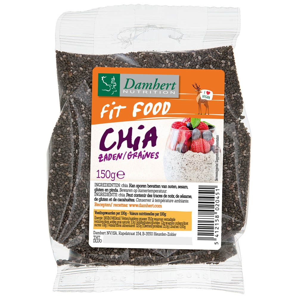 Packung Damhert Fit Food Chiasamen, 150g, mit Bild von Chia-Pudding.