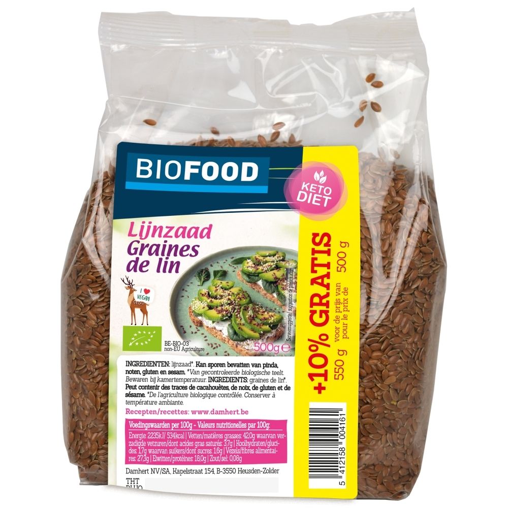 Biofood Leinsamen, 500g. Tüte mit Samen und Etikett mit Avocado-Toast und "+10% Gratis".