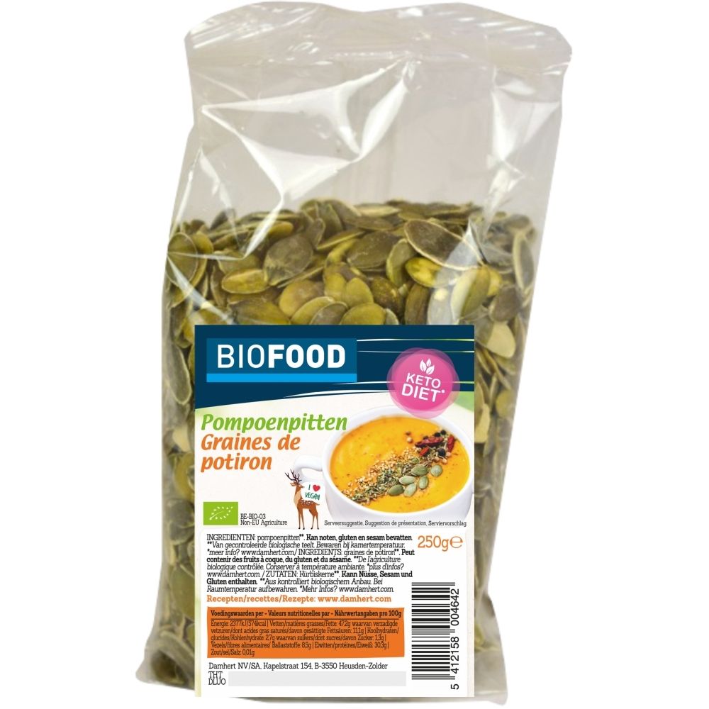 Biofood Kürbiskerne, Kürbiskerne in einer Tüte mit einem Bild von Kürbissuppe.
