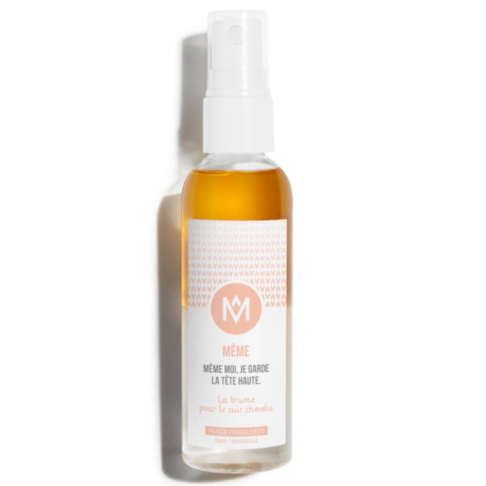 Spray pour cuir chevelu en flacon de verre avec vaporisateur. Étiquette avec logo et texte. Liquide ambré.