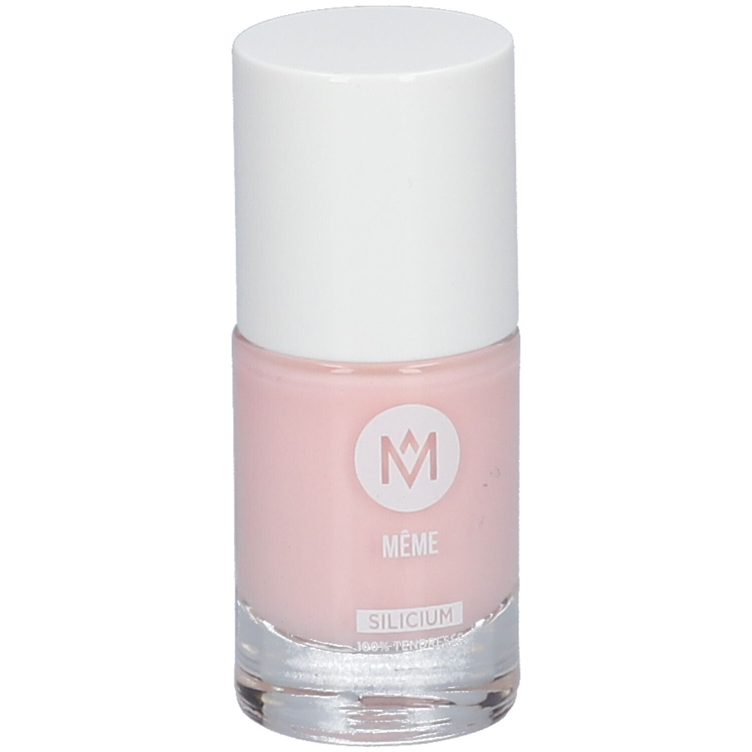 Nagellackflasche mit rosa Inhalt und weißem Deckel. Aufschrift: MÊME, SILICIUM.