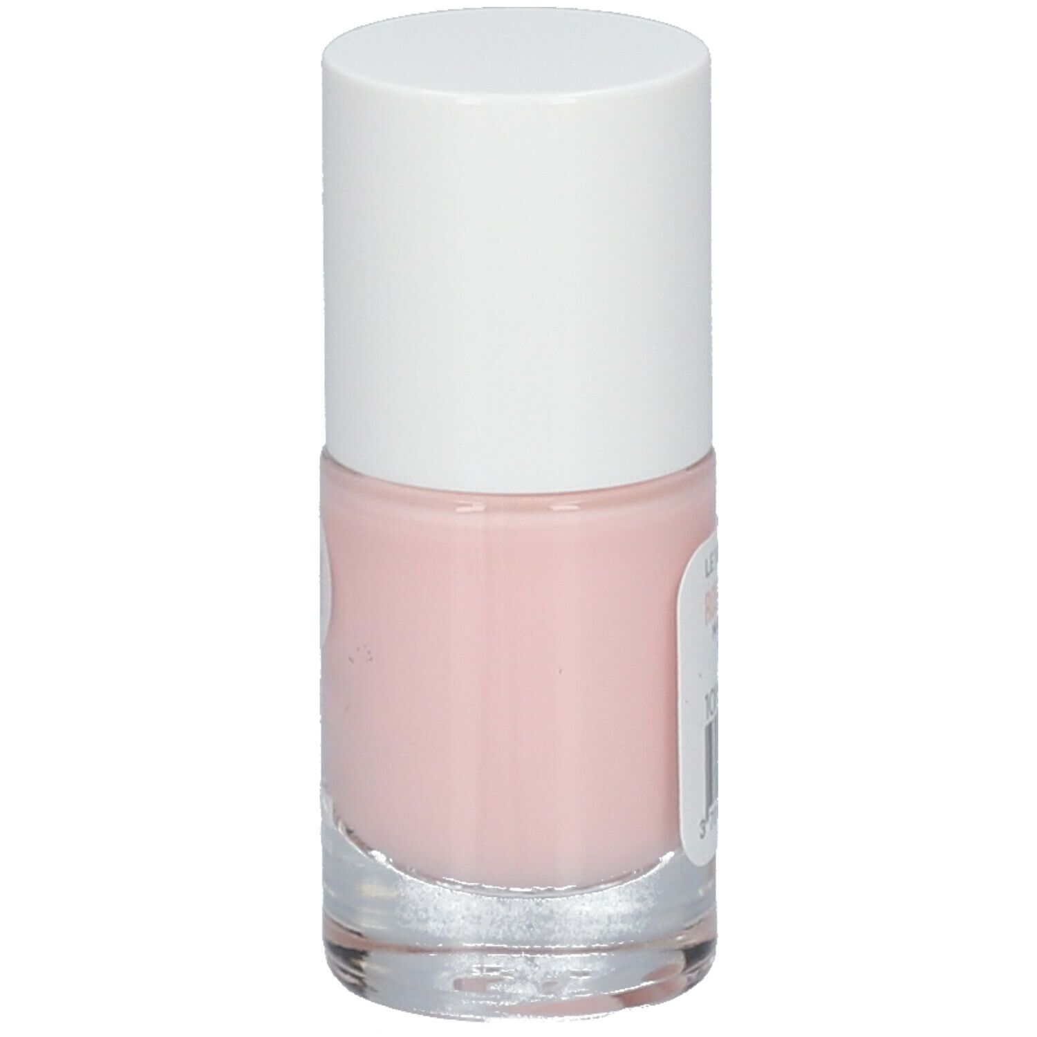 Nagellackflasche mit rosa Inhalt und weißem Deckel. Etikett mit Text.