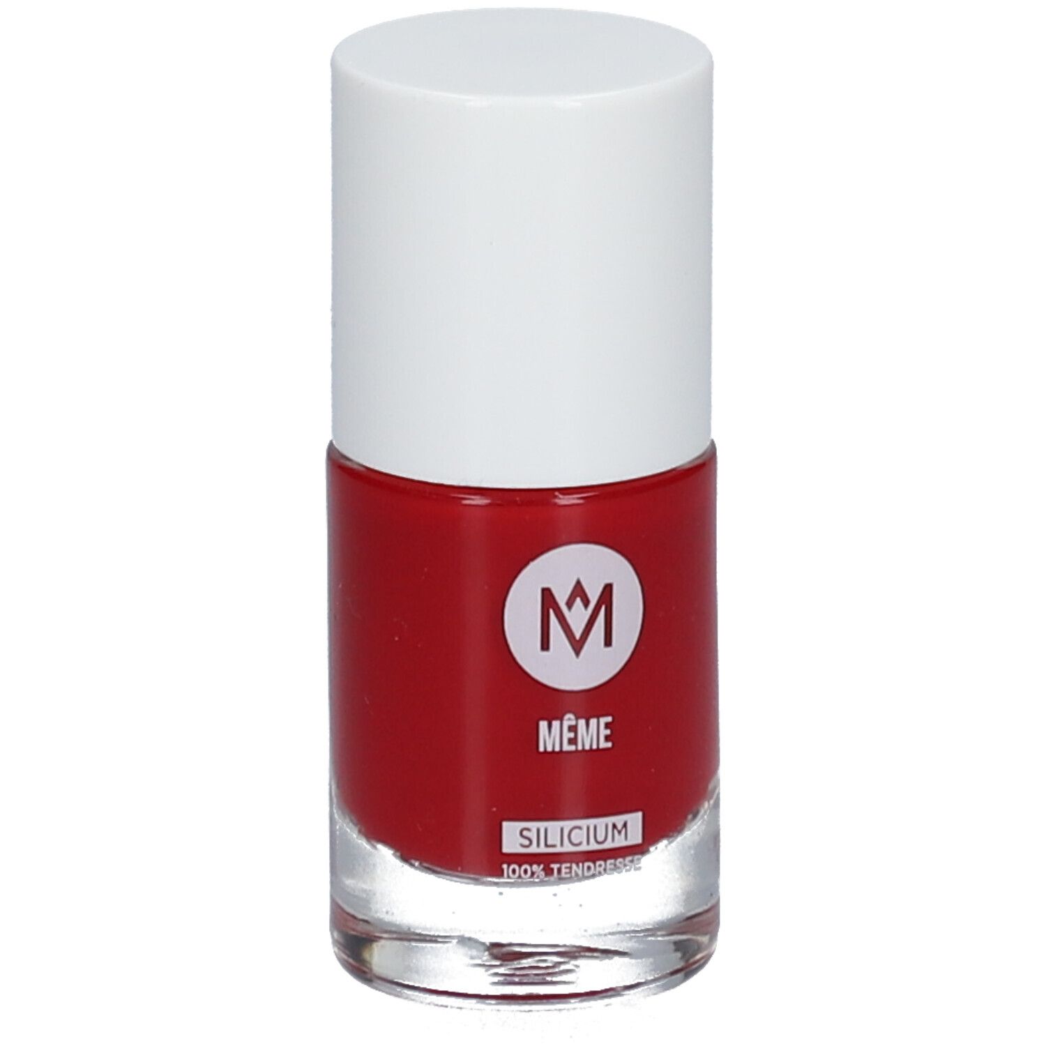 Roter Nagellackflakon mit weißem Deckel. Logo und Schriftzug MÊME. SILICIUM 100% TENDRESSE.