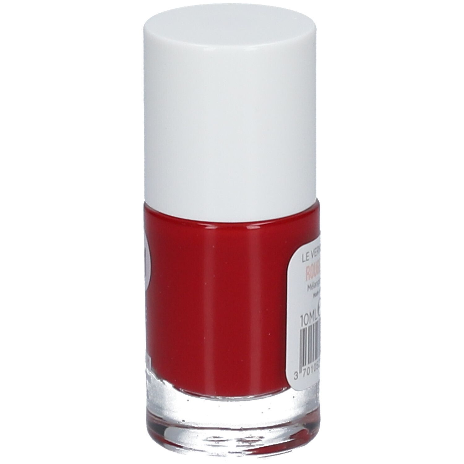 Roter Nagellack von MÊME, Rückansicht. Glasflasche mit weißem Deckel und Etikett mit Barcode.