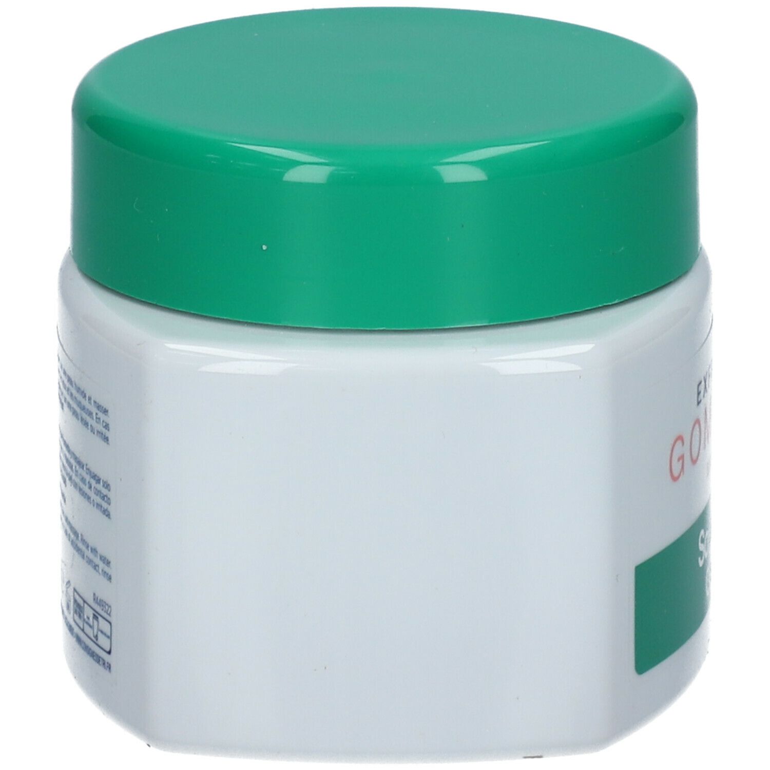 Weißes, quadratisches Tiegel mit grünem Deckel. Auf der Seite Text. Rückansicht.