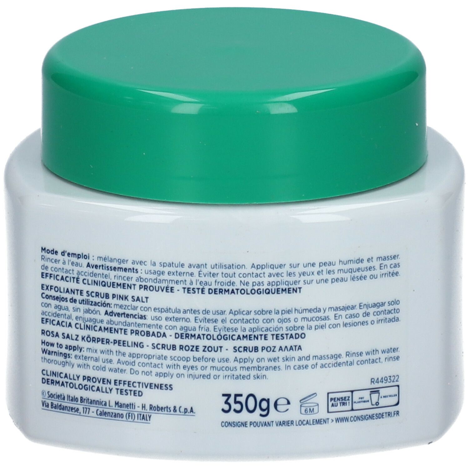 Rückseite eines weißen, quadratischen Tiegels mit grünem Deckel. Text und Gewichtsangabe: 350g.