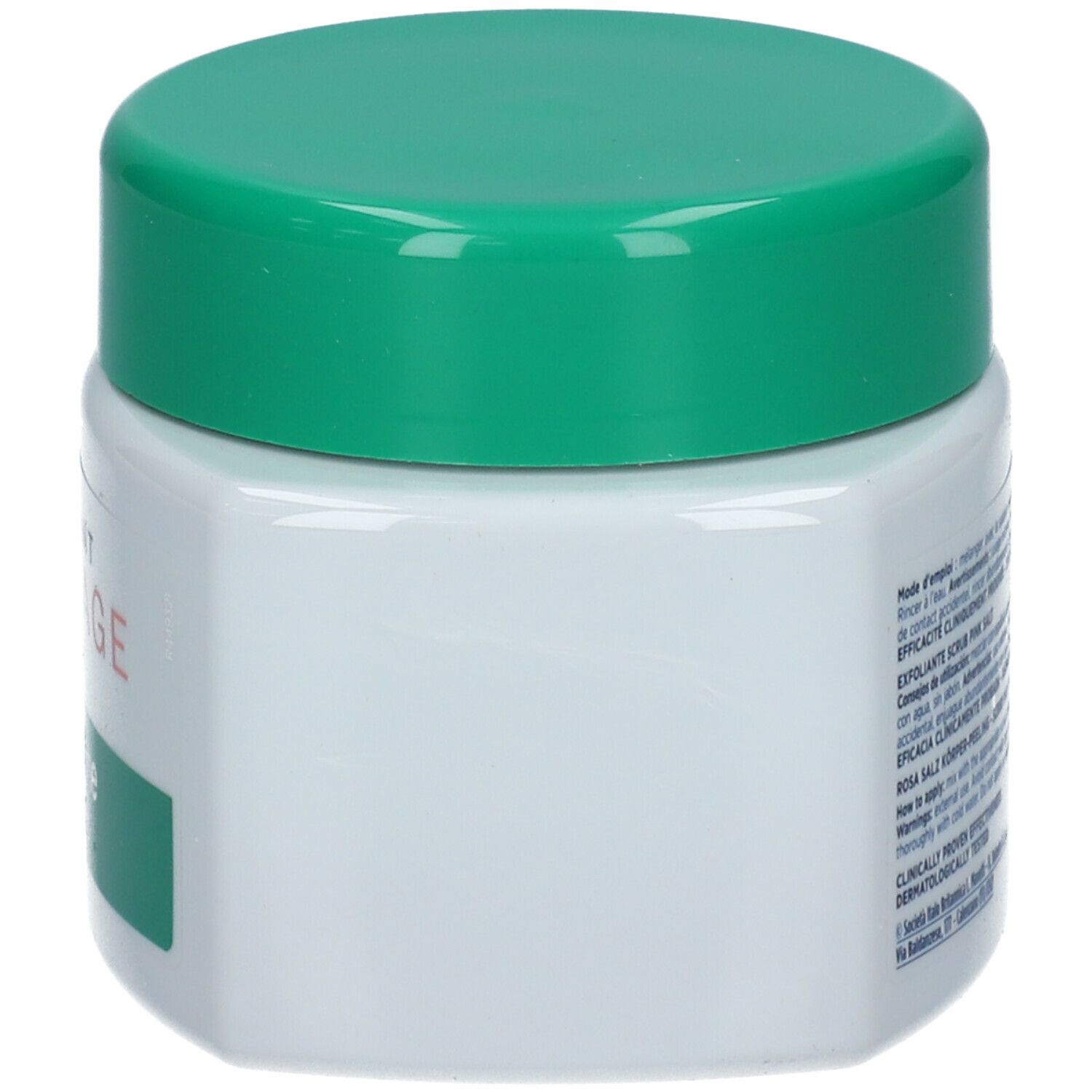 Weißes, quadratisches Tiegel mit grünem Deckel. Auf der Seite Text. Rückansicht.