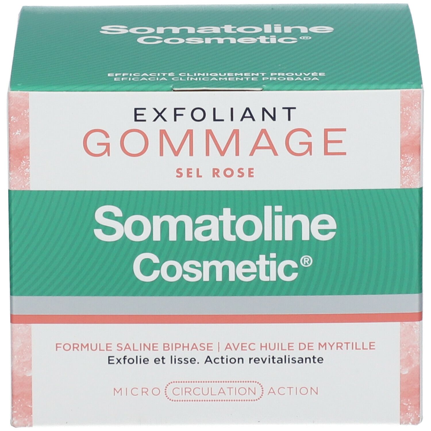 Produktverpackung. Aufschrift: EXFOLIANT GOMMAGE SEL ROSE. Marke: Somatoline Cosmetic®.