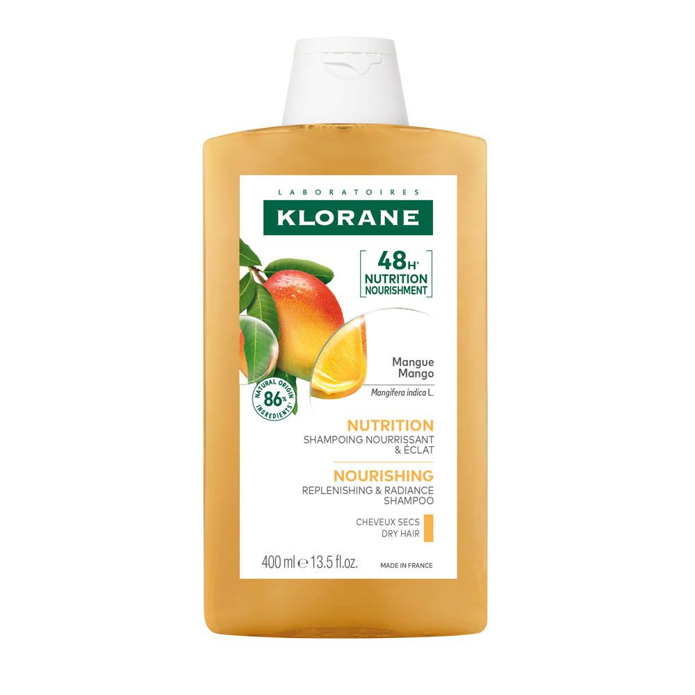Flacon de shampooing jaune à bouchon blanc. Inscriptions : KLORANE, Mangue. Nutrition 48H. 86% ingrédients naturels. 400 ml.