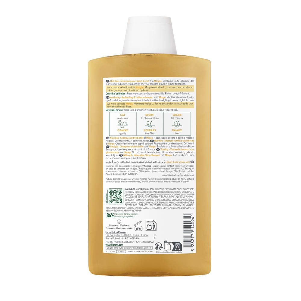 Dos du flacon de shampooing jaune. Texte : informations sur le produit, code QR, symbole 12M, Pierre Fabre. 86% ingrédients naturels.