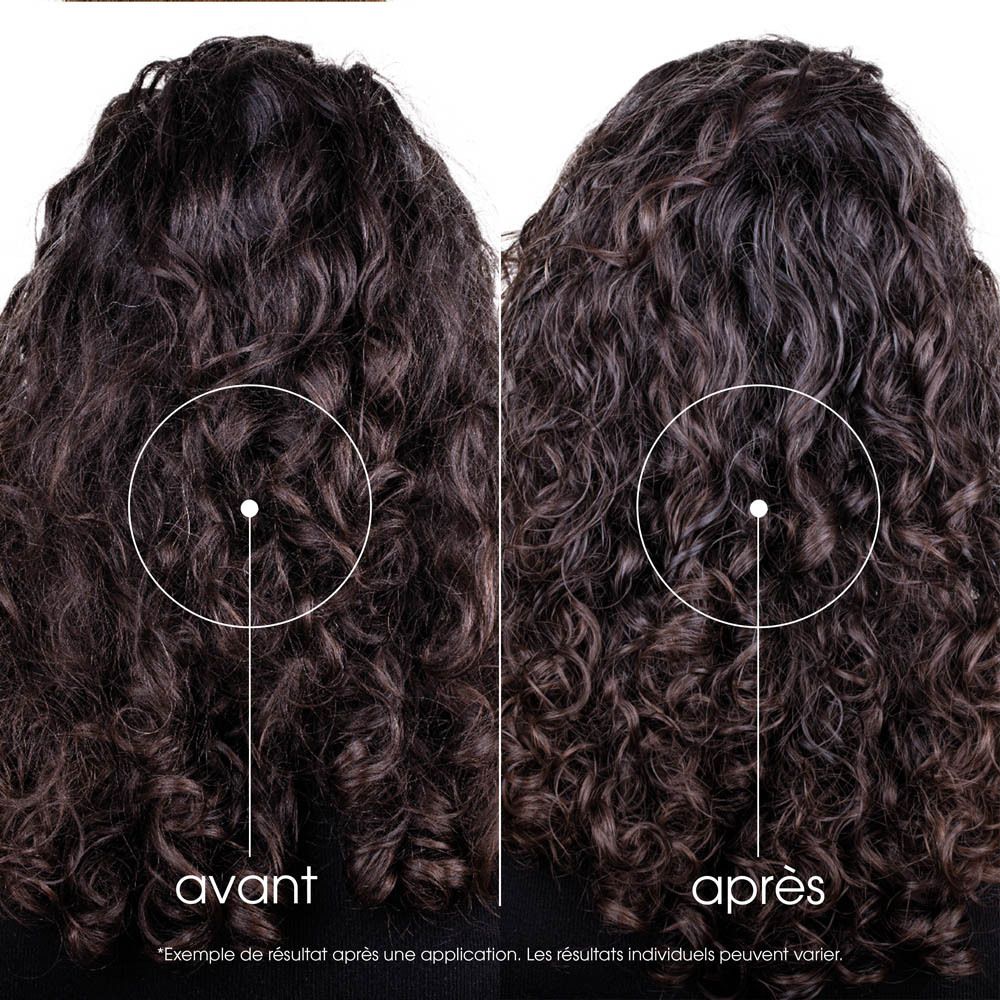 Deux images de cheveux bouclés, avant et après. Texte : Avant, Après.
