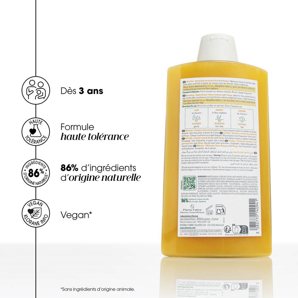Dos du flacon de shampooing jaune. Texte : informations sur le produit, code QR, symbole 12M, Pierre Fabre. 86% ingrédients naturels.