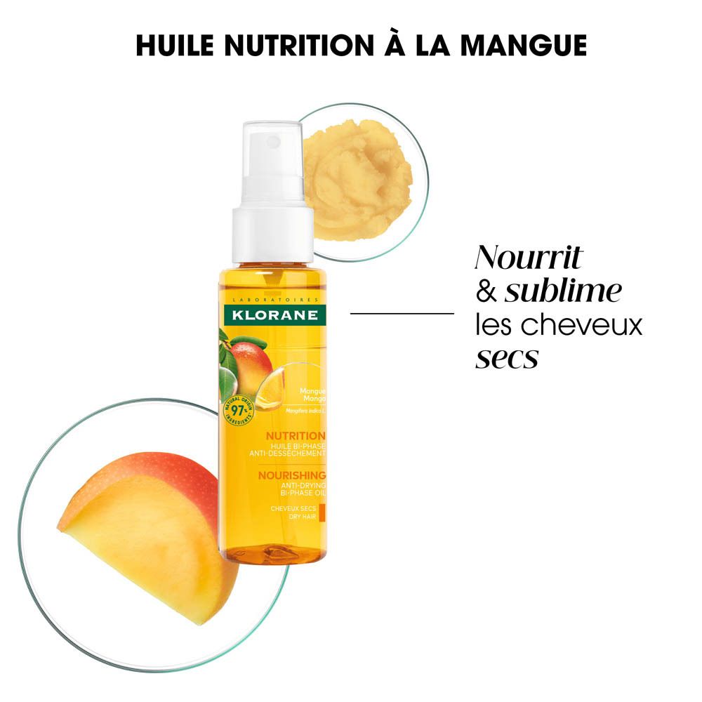 Huile Klorane à la mangue. Flacon, mangue et crème. Texte : Huile Nutrition à la Mangue. Nourrit & sublime les cheveux secs.
