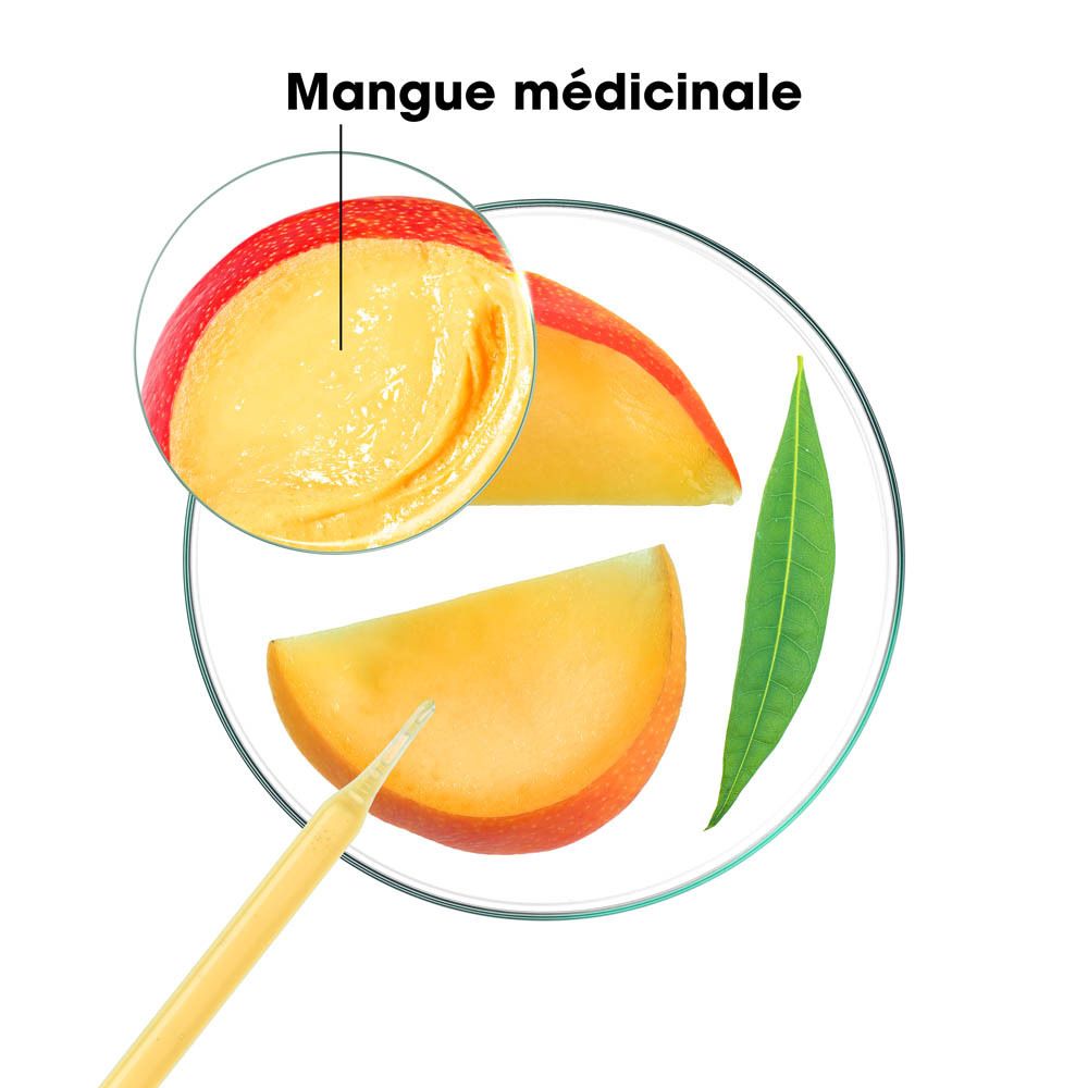 Gros plan de tranches de mangue et de crème dans un bol en verre. Texte : Mangue médicinale.