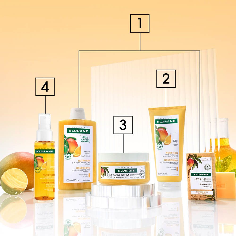 Différents produits Klorane à la mangue. Flacons, pots, savon. Mangue et liquide jaune.