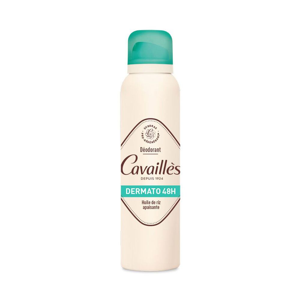 Déodorant spray blanc, bouchon turquoise. Inscription Cavaillès, Dermato 48H. Huile de riz apaisante.