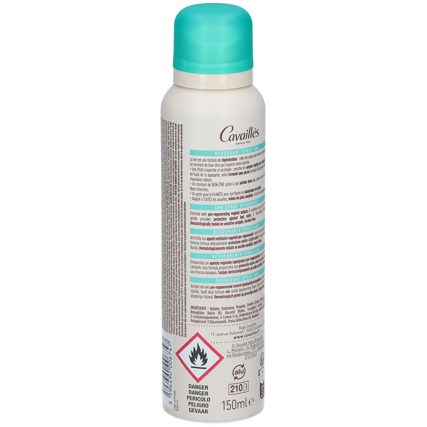 Rogé Cavaillès Deodorant Dermato 48H Dose mit Warnhinweisen, 150ml Angabe und Zertifizierungen.