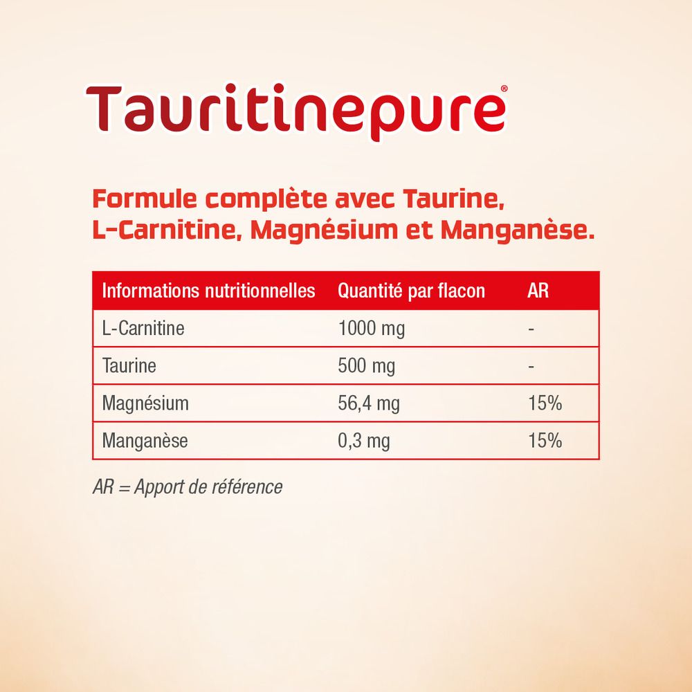 Tableau nutritionnel de TAURITINEPURE. Contient des informations sur la L-Carnitine, la taurine, le magnésium et le manganèse.