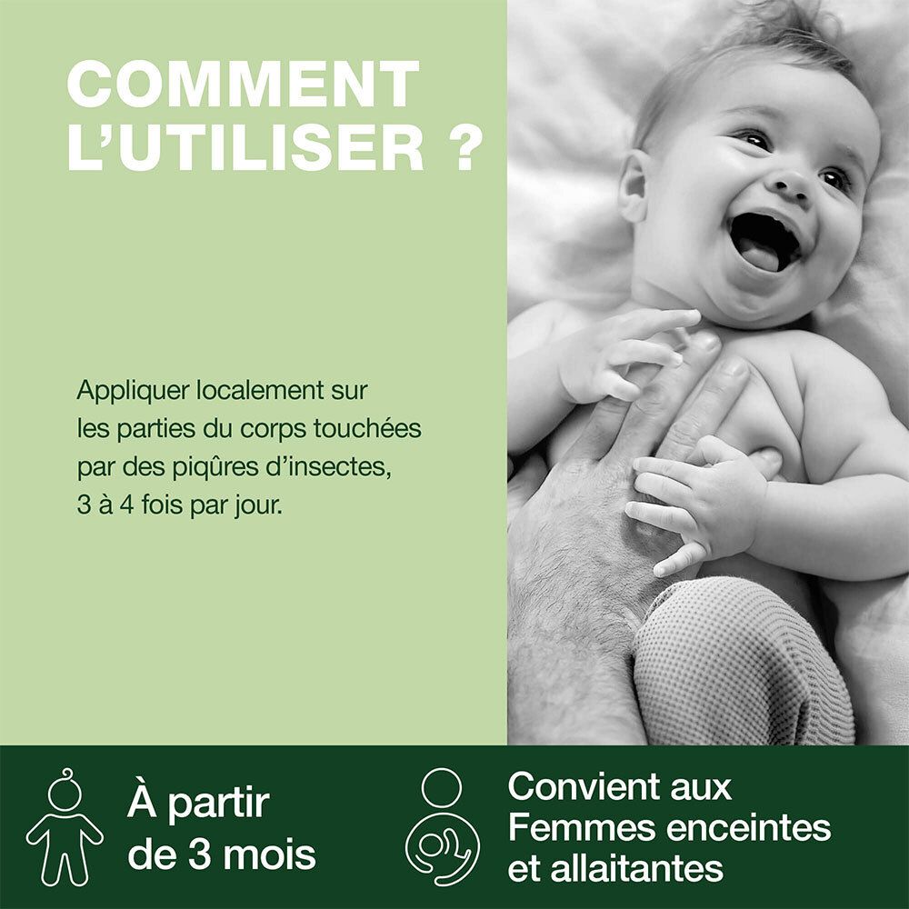 Bébé qui rit. Texte: Appliquer sur piqûres d'insectes, 3-4 fois/jour. Dès 3 mois. Convient aux femmes enceintes.