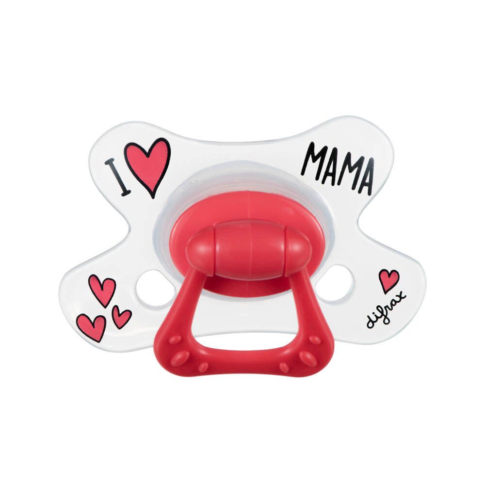 Sucette rouge. Marque difrax. Texte : "I Love Mama". Design cœur.