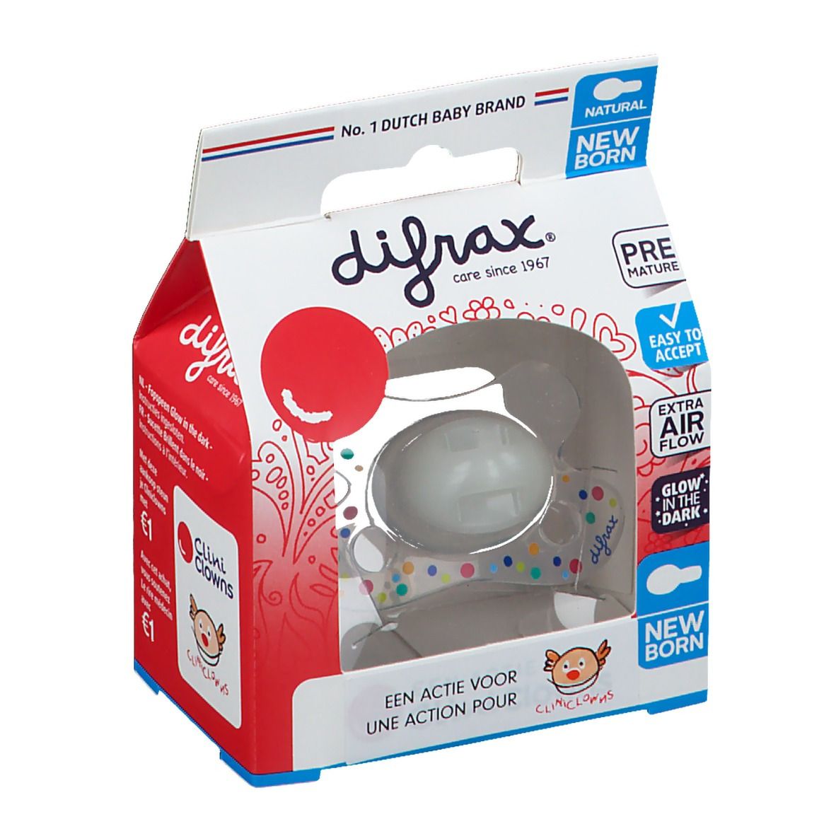 Verpackung mit Schnuller. Sichtbar: Marke Difrax, Schriftzug "New Born", "Clini Clowns" Logo. Der Schnuller ist durch ein Fenster sichtbar.
