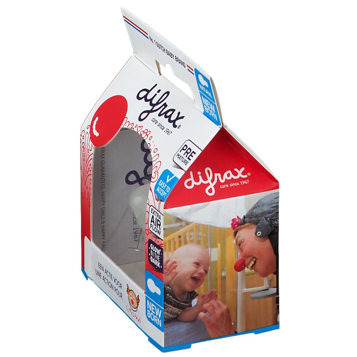 Verpackung mit Schnuller. Marke Difrax. Sichtbar: Logo "Clini Clowns", Text "New Born". Baby und Clown im Hintergrund.