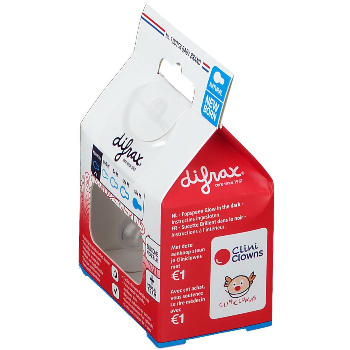 Verpackung mit Schnuller. Marke Difrax. Sichtbar: Text "New Born", Logo "Clini Clowns". Der Schnuller ist durch ein Fenster sichtbar.