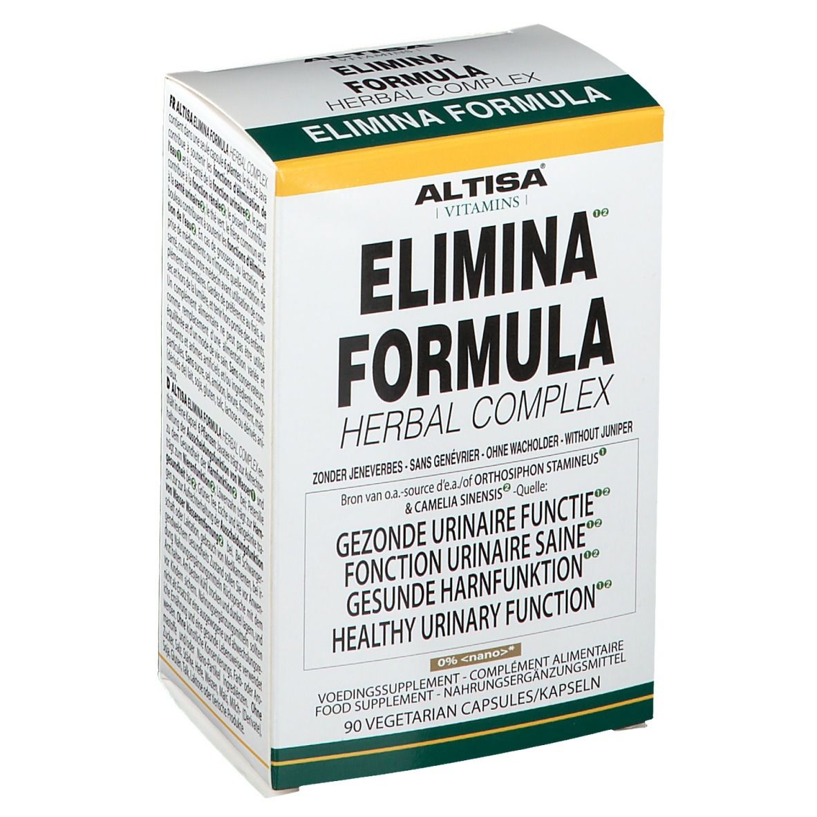 Boîte blanche avec accents verts et jaunes. Inscription : Altisa Elimina Formula Herbal Complex. Contient 90 gélules végétariennes.