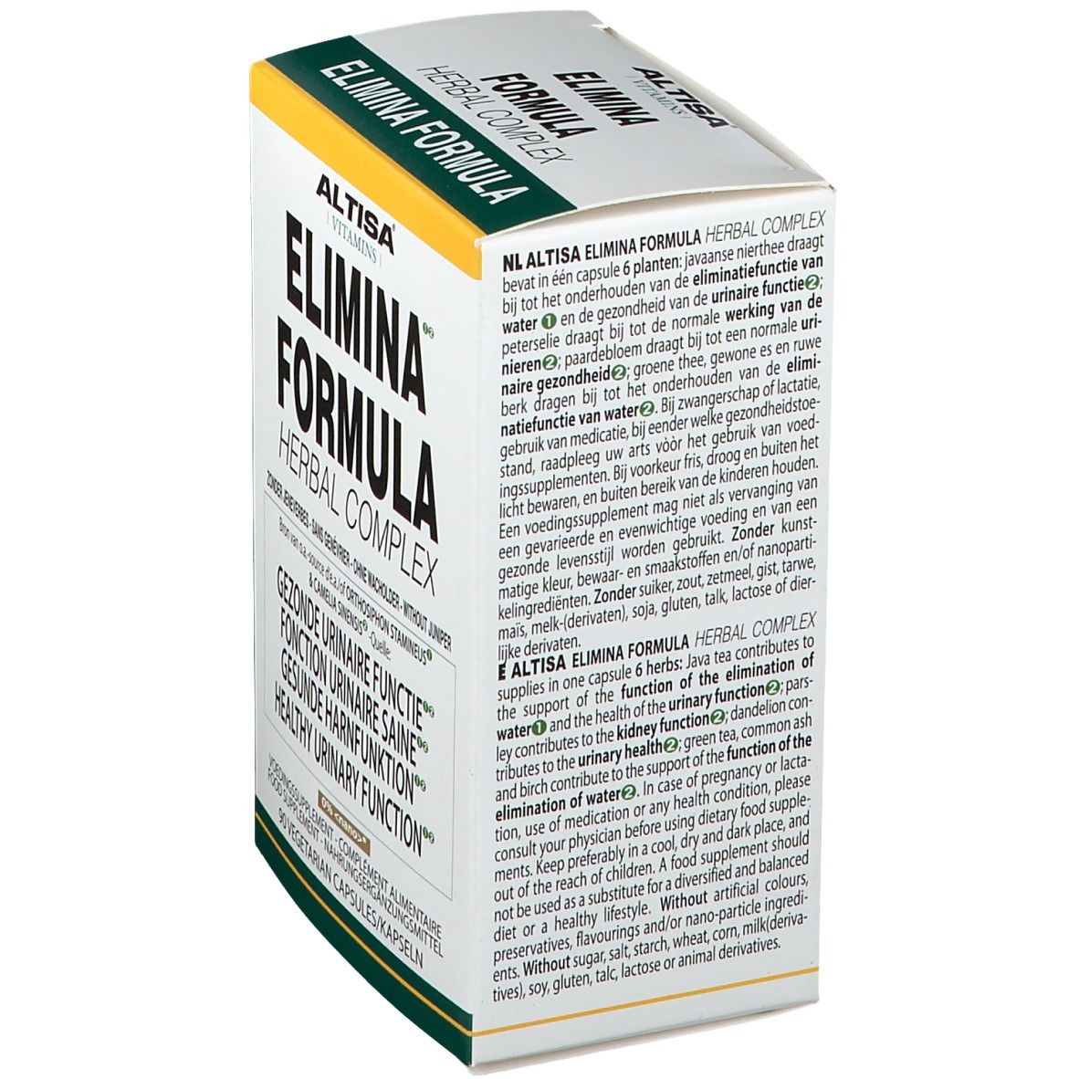 Boîte blanche avec accents verts et jaunes. Texte multilingue. Contient des informations sur les ingrédients et l'utilisation.