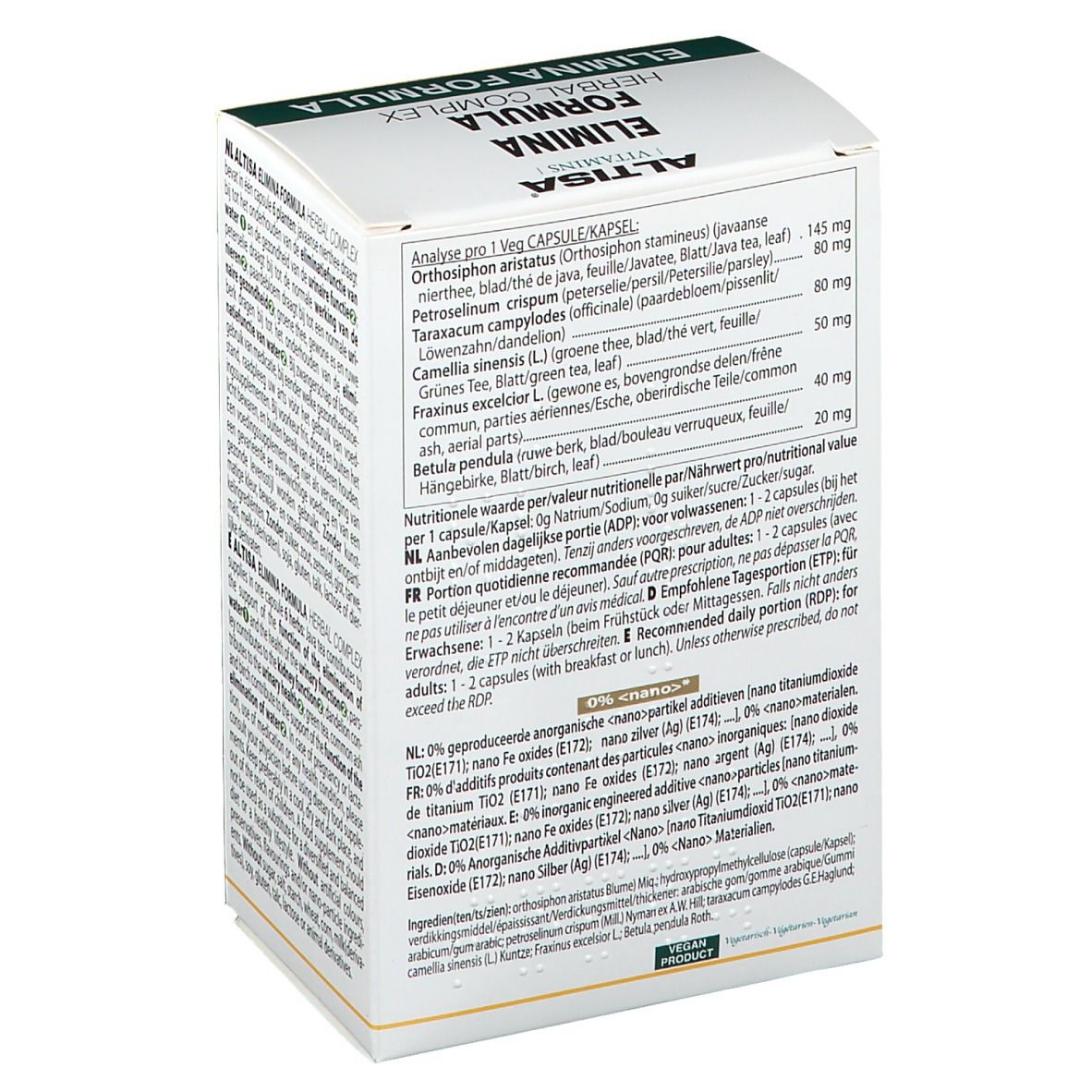Boîte blanche avec accents verts et jaunes. Dos avec liste des ingrédients et informations nutritionnelles par gélule.