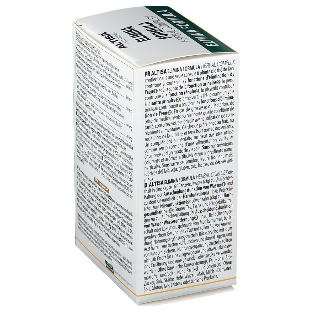 Boîte blanche avec accents verts et jaunes. Texte multilingue. Contient des informations sur les ingrédients et l'utilisation.